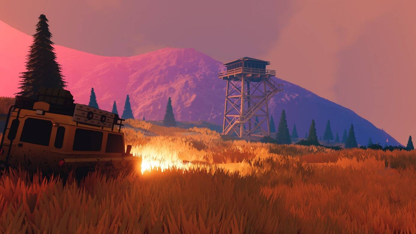 The image depicts a rugged, open landscape with a military vehicle at the foreground, a towering radio tower, and a dramatic sunset behind the mountains.AI 生成的内容可能不正确。