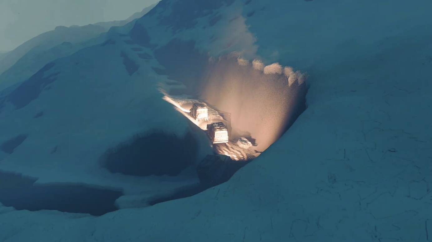The image depicts a snowy, mountainous landscape with a structure, possibly a research station, illuminated by a beam of light shining down into a snowy, dark abyss.AI 生成的内容可能不正确。